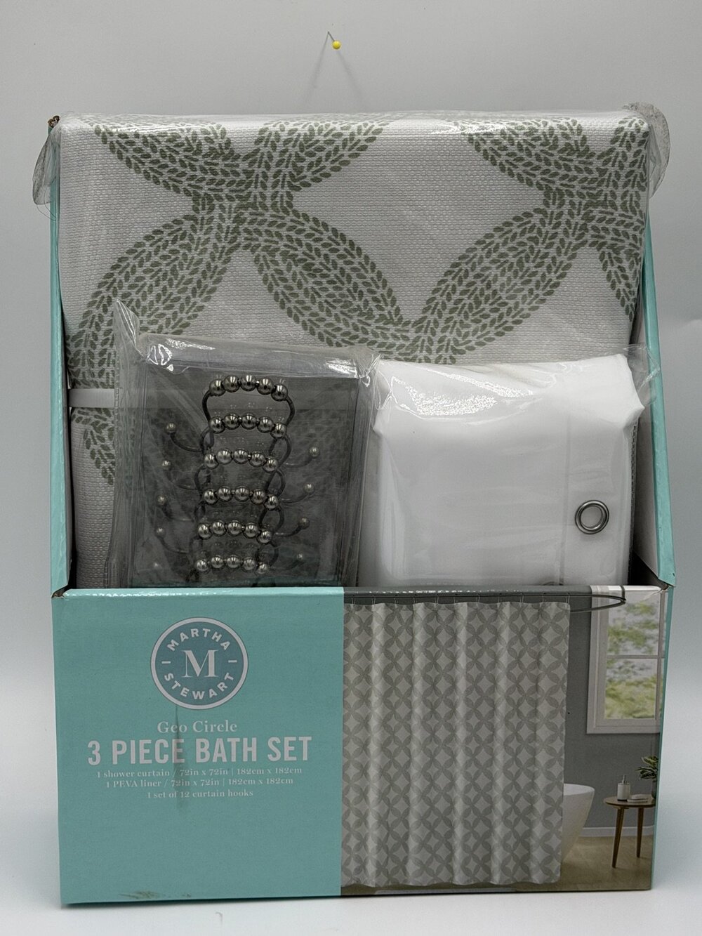 NWT Martha Stewart Geo Circle Shower Curtain Set Green contemporary geometric